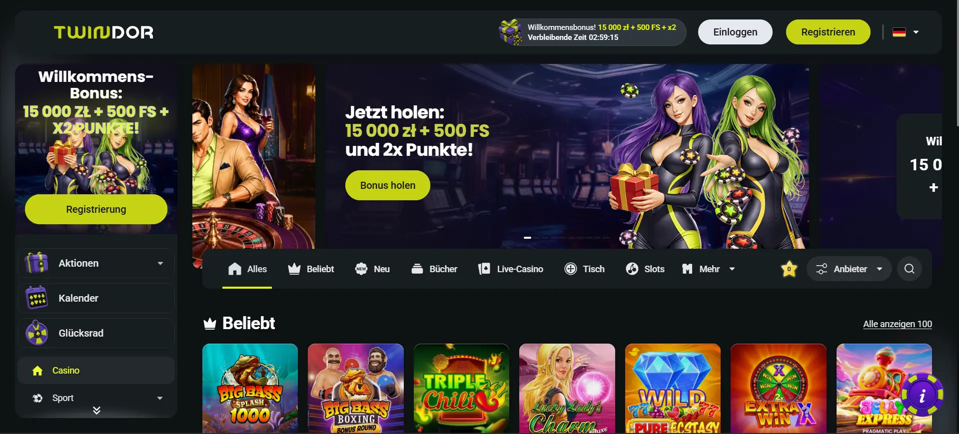 Screenshot der Twindor Casino Startseite